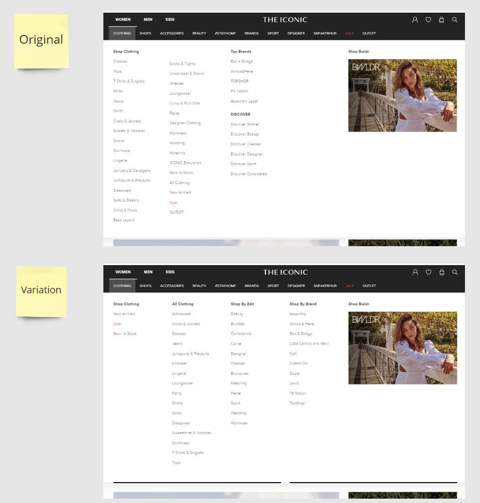 comparison between original navigation and experimental one that sorted the contents alphabetically and grouped them
                differently